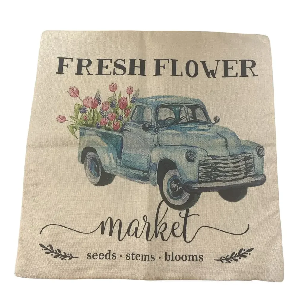 17”x17.5” THROW PILLOW COVER w/ZIP Fresh Flower Market w/blue TRUCK